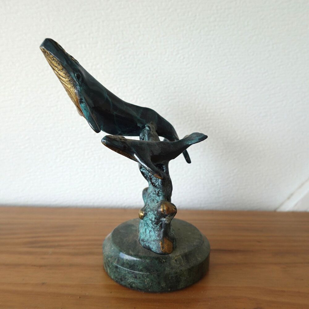 SPI Gallery Humpback Whale Figurine Mama & Baby Calf Coral Brass w Marble Ocean